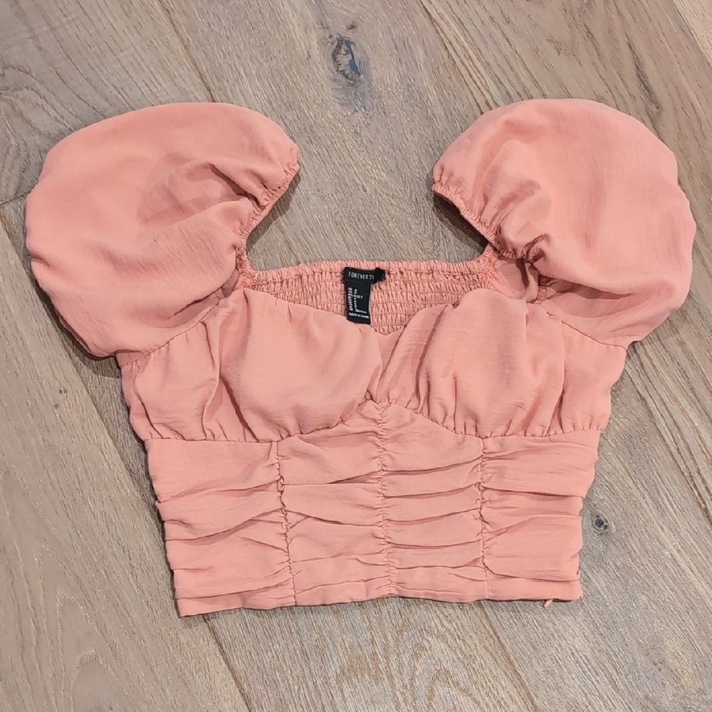 Forever 21 Coral Puff Sleeve Crop Top